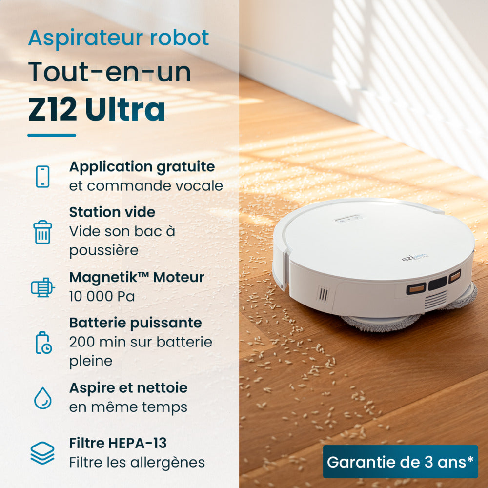 Robot aspirateur laser LIDAR eziclean z12 ultra avec station de vidange connecté par application