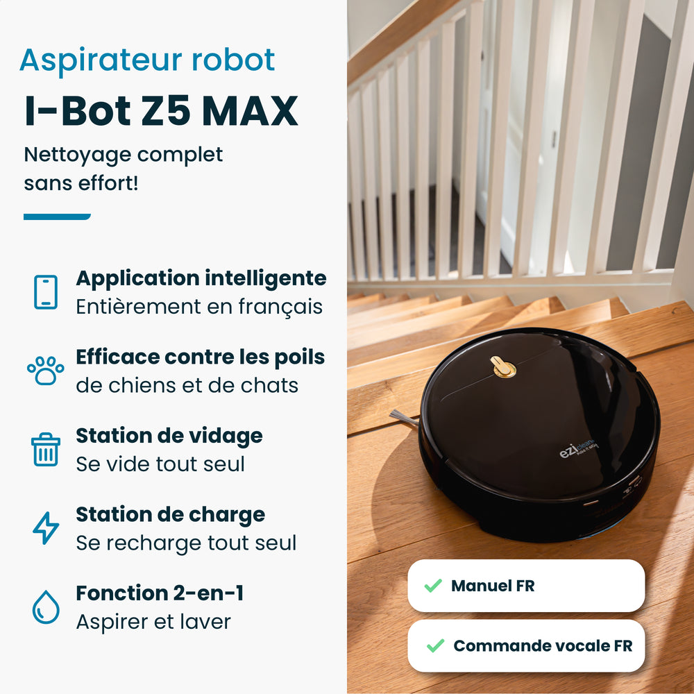 robot aspirateur laveur connecté eziclean Z5 avec collecteur de poussières